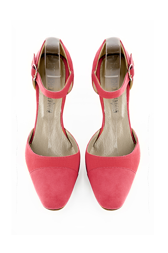 Women's carnation pink open side dress shoes, with an instep strap. Round toe. High kitten heels - Top view